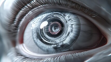 close-up view of the intricate mechanical iris of a robotic eye, lenses adjusting focus, reflecting a digital interface, polished metal and carbon fiber textures, hyper-detailed render