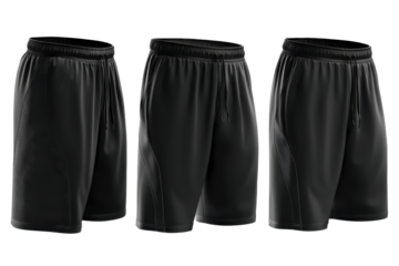 Black shorts displayed from different angles isolated on transparent background. Pairs of black athletic shorts arranged in a row for sports and fitness isolated on white background.