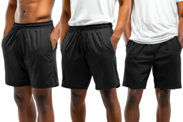 Three men wearing black athletic shorts isolated on transparent background. Athletic shorts for men diverse models demonstrating comfort and style isolated on white background.