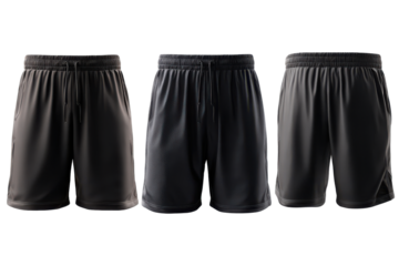 Black athletic shorts with drawstrings isolated on transparent background. Black athletic with different angles isolated on white background.