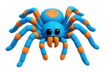 Cute blue and orange toy spider with big eyes, a playful character for kids' designs and halloween