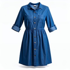 Denim Shirt Dress Isolated on White Background, casual clothing apparel product photography