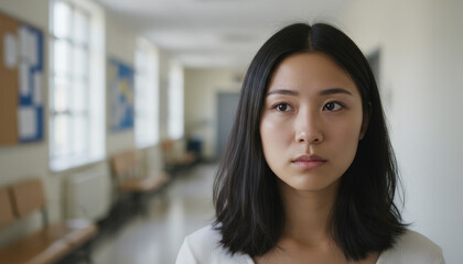 Obraz premium Overwhelmed Young Asian Woman in a Quiet Hallway for Mental Health Awareness, Self-care Blogs, Emotional Wellness Articles, and Social Media Content