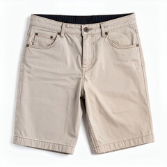Beige casual summer shorts isolated on a stark white background for online fashion catalog