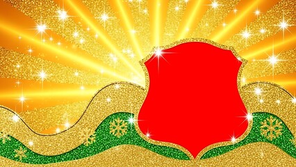 Vibrant red shape on a glittery gold and green abstract background with sunburst