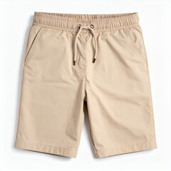 Khaki casual shorts with elastic waistband displayed against a clean white backdrop