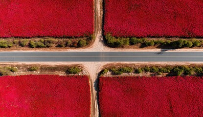 Abstract Aerial - Vivid Crimson Salt Fields Bisected by Straight Road and Path, Geometric Landscape.