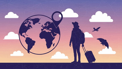 A traveler stands with luggage against a vibrant sunset sky with a large globe and birds in flight