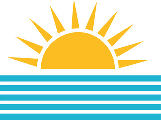 Sunrise over ocean waves icon vector illustration with bright sun and blue water lines in flat minimal style for summer weather travel and nature designs