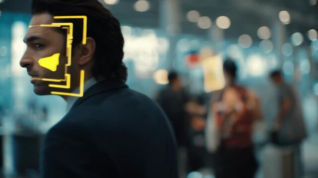 Medium shot of a hightech facial recognition system scanning a persons face at an airport security checkpoint