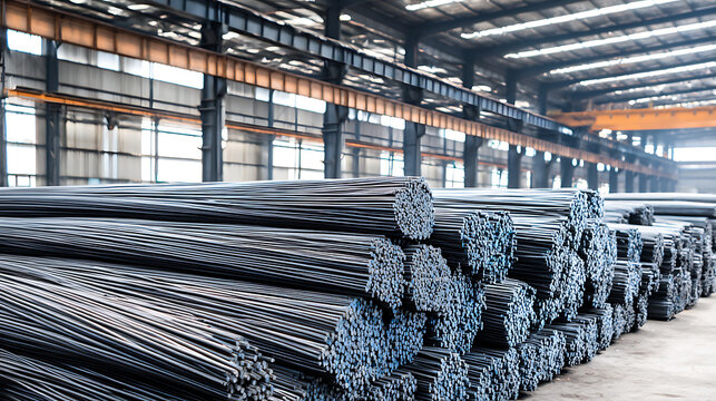 A stockpile of rebar fills a factory. The repeating lines create depth and a sense of industrial scale. Steel rods are essential for construction projects.