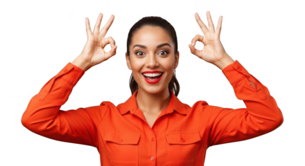 Woman showing ok sign with hands and smiling isolated on transparent background