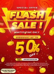 Special offer flash sale limited time only discount 50% off 3d editable vector text effect template for price off promotion, website header, and digital advertisement.