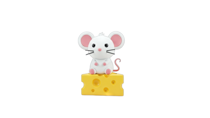 Cute Mouse Sitting on Cheese Block, Isolated