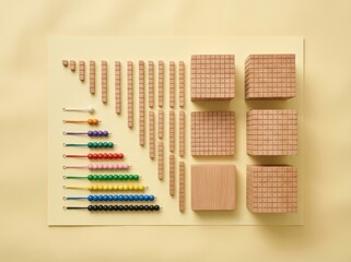 Math learning materials with wooden blocks and beads