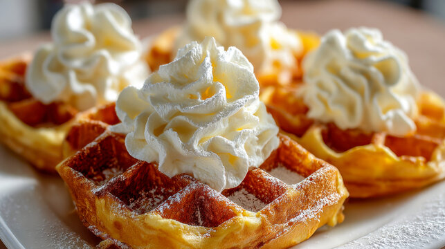 Golden brown Belgian waffles topped with fluffy whipped cream and dusted powdered sugar served fresh on a white plate for breakfast or dessert delight - Powered by Adobe