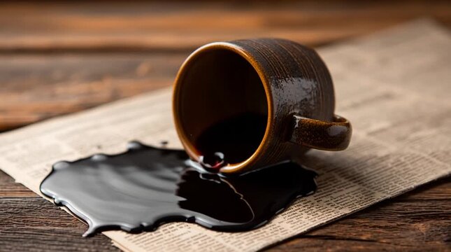 Top-down unfiltered shot of a knocked-over coffee mug on a wooden table, dark coffee spilling across a newspaper or laptop, capturing accident, chaos and everyday realism.
