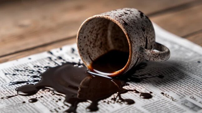 Top-down unfiltered shot of a knocked-over coffee mug on a wooden table, dark coffee spilling across a newspaper or laptop, capturing accident, chaos and everyday realism.
