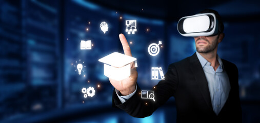A professional engaging with virtual reality technology for education, showcasing immersive learning icons that enhance online learning experiences through innovation. XDMCP