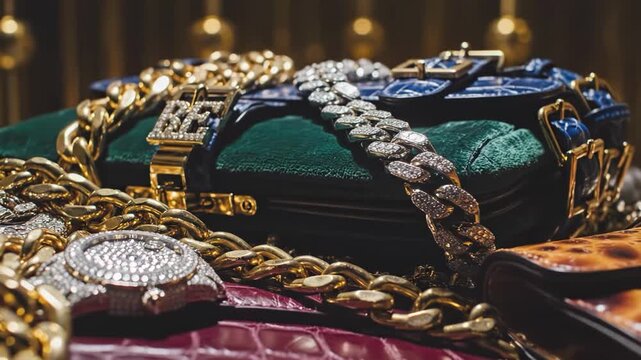 Closeup of luxurious diamondencrusted watch and gold chains