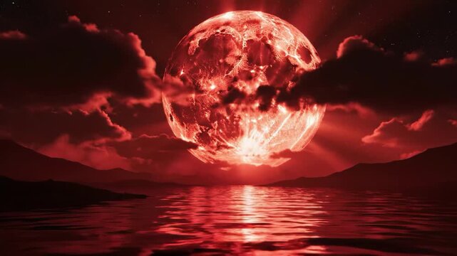 Dramatic red moon over water with dark clouds and mountains