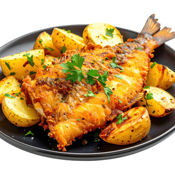 A hearty portion of fried perch with chunky potato wedges, on a dark plate and isolated on white background
