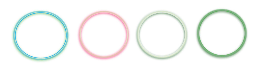 Row of Four Soft Glowing Circular Outline Frames in Vibrant Blue Pink and Green Pastel Hues.