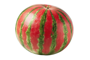 Whole ripe watermelon with green stripes isolated on transparent background. Fresh ripe watermelon with red flesh and green stripes isolated on white background.
