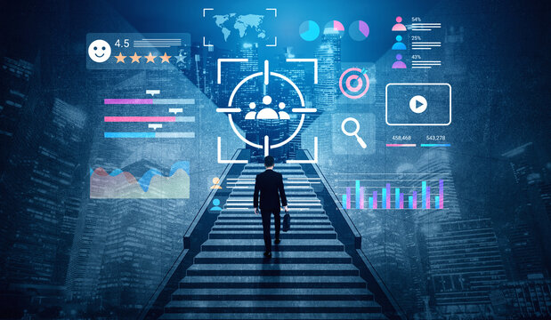 A business professional ascends stairs amidst striking data visualizations in a vibrant urban setting, symbolizing ambition, innovation, and the journey towards success in modern marketing. Gantry - Powered by Adobe
