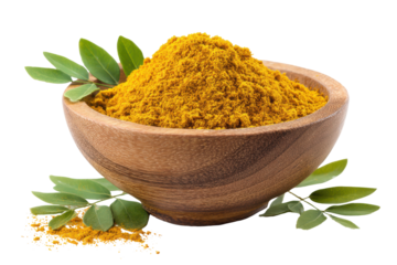 Wooden bowl filled with vibrant yellow curry powder and green leaves isolated on transparent background. Wooden bowl filled with yellow powder and green leaves isolated on white background.