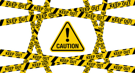 Caution warning sign with keep out tape barrier
