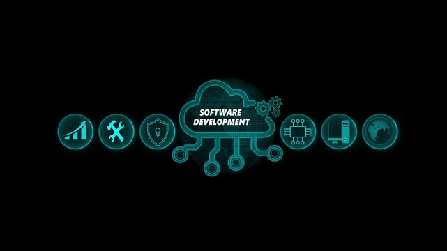 Software Development technology concept. Business, Technology, Internet and network concept. Cloud computing for data storage, Cloud icon with data icon on world background