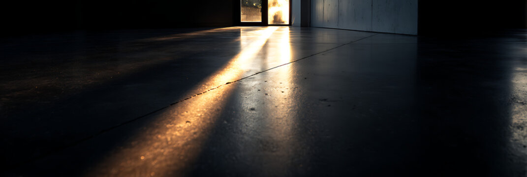 Dark Empty Industrial Room with Dramatic Golden Sunlight Streaming Through Window onto Concrete Floor - Moody Atmospheric Interior Photography
