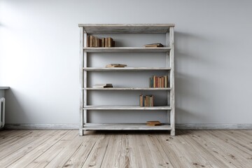Fototapeta premium Rustic wooden shelving unit displays sparsely arranged vintage books against a bright white wall