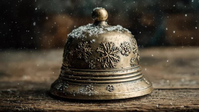 Snow falls on a vintage brass bell resting on a wooden table in a cozy setting during winter