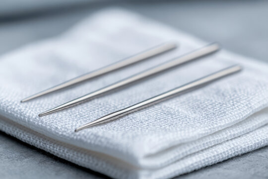 Three shiny stainless steel acupuncture needles placed on a folded white textured cloth for traditional therapeutic practice in wellness and health care settings
