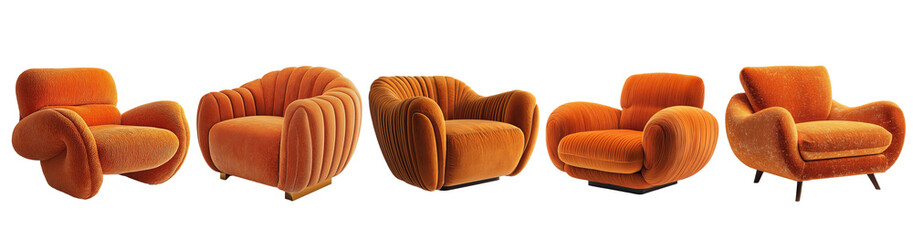 Modern orange velvet armchair isolated on transparent background