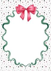 Bow ribbon festive frame. Watercolor illustration with red bow and confetti.