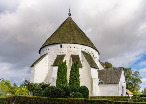 view of the historic Osterlars Church located on the Danish island of Bornholm