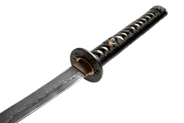 Close up of a samurai sword hilt and blade isolated on transparent background. Close-up of a japanese katana sword's hilt isolated on white background.