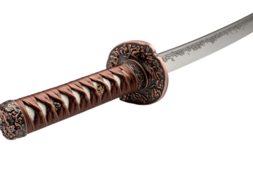 Close up of a detailed japanese katana sword hilt and blade isolated on transparent background. Detailed close-up of ancient samurai sword handle and blade isolated on white background.