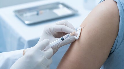 Detailed medical image of a syringe held by a gloved hand injecting vaccine into skin, representing hygiene, immunization, and clinical professionalism.