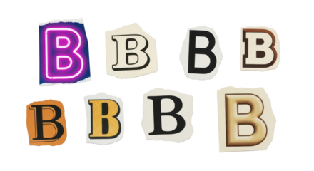 Collection of uppercase letter b in various styles, cut out from paper, isolated on transparent background