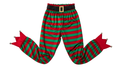 Red and Green Striped Elf Pants with Jingle Bells Isolated on White Background