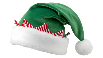 Christmas Elf Hat with Red and White Striped Trim and White Pom-pom Isolated on White Background