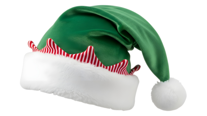 Christmas Elf Hat with Red and White Striped Trim and White Pom-pom Isolated on White Background