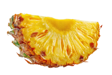 Slice of ripe juicy pineapple isolated on transparent background. Close up tropical pineapple slice revealing juicy yellow flesh isolated on white background.