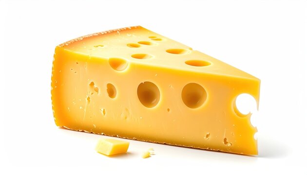 Appetizing Swiss Cheese Wedge with Holes and Small Cube on White Background