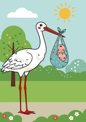 Fototapeta premium A stork brought twins and is standing on a path in a park