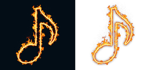 Music note burning with ember sparks for concert promotion, audio streaming release announcements and radio show advertising, usable for event invitation layouts and playlist cover art with copy space